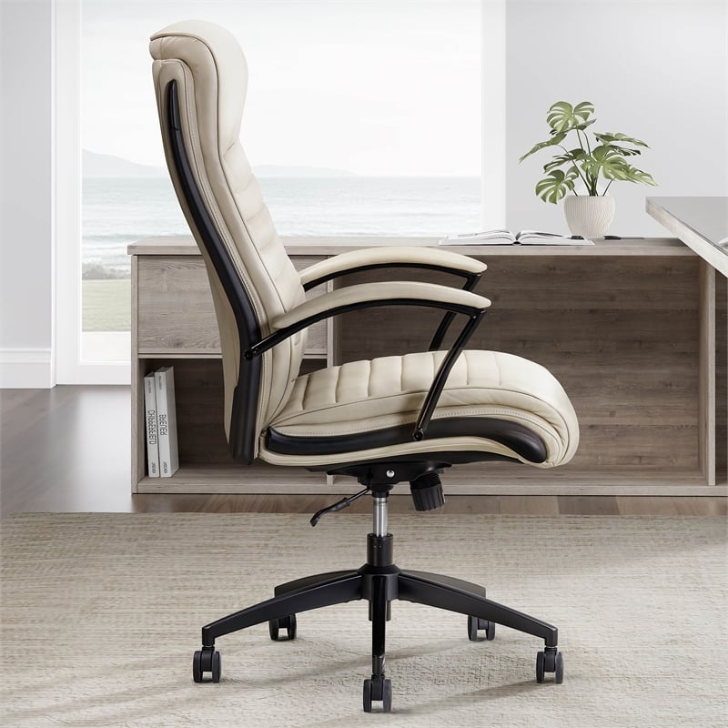 Pemberly Row Contemporary Top Grain Leather Desk Chair in Cream
