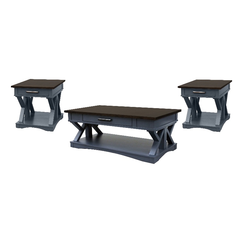 Pemberly Row Contemporary Denim Cocktail Table with 2 End Tables