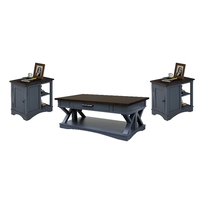 Pemberly Row Contemporary Denim Cocktail Table with 2 Chairside Tables