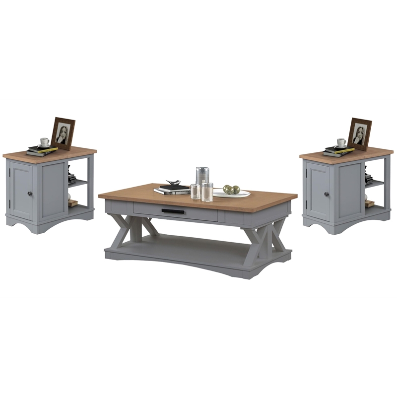 Pemberly Row Contemporary Dove Cocktail Table with 2 Chairside Tables