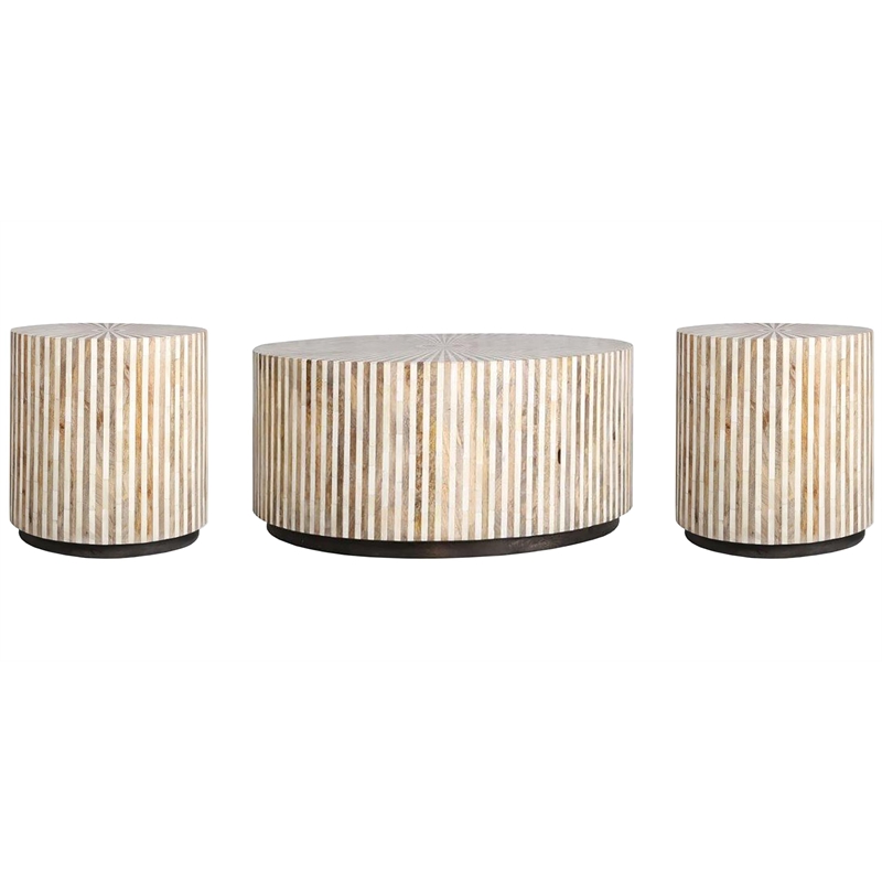 Pemberly Row Contemporary Solid Wood Ivory Cocktail Table with 2 End Tables