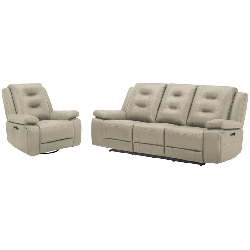 Pemberly Row Contemporary Fabric Tahoe Fog Power Reclining Sofa P2