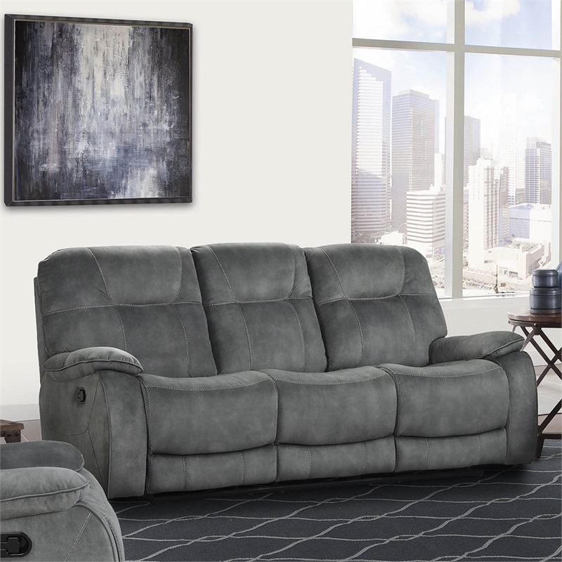 Pemberly Row Polyester Manual Triple Reclining Sofa in Shadow Gray