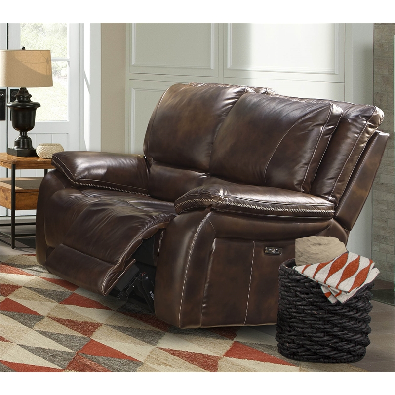 Pemberly Row Transitional Leather Power Loveseat in Burnt Sienna