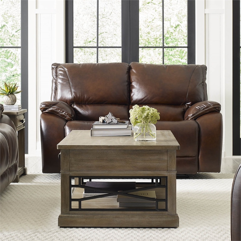 Pemberly Row Transitional Leather Power Loveseat in Burnt Sienna