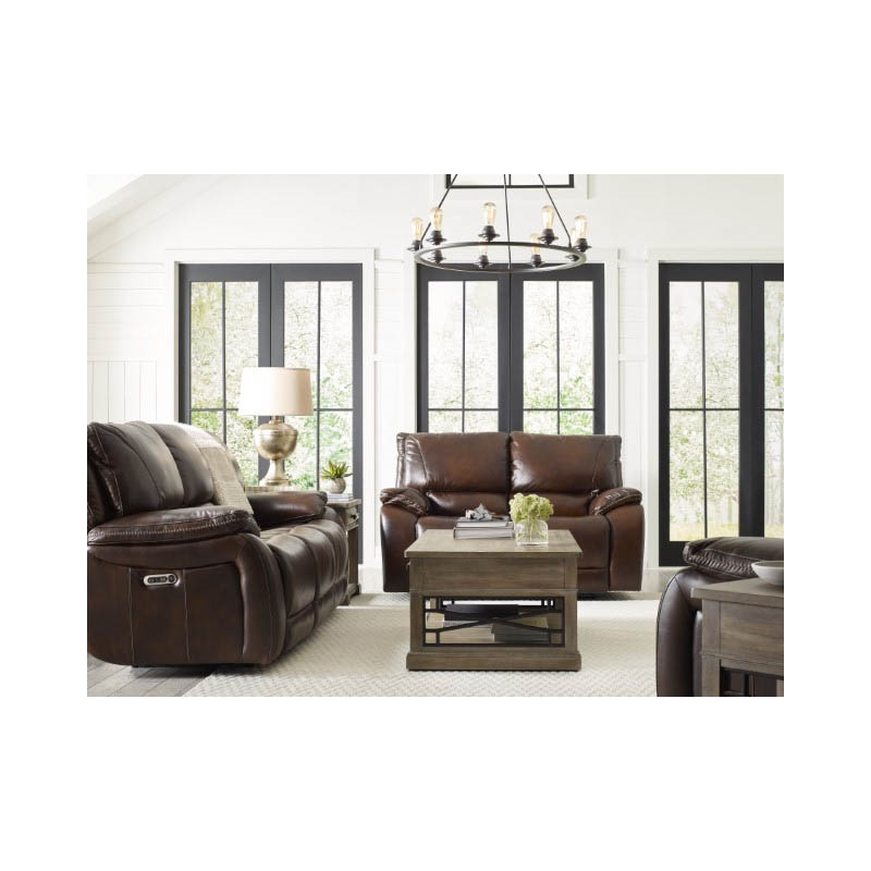 Pemberly Row Transitional Leather Power Loveseat in Burnt Sienna