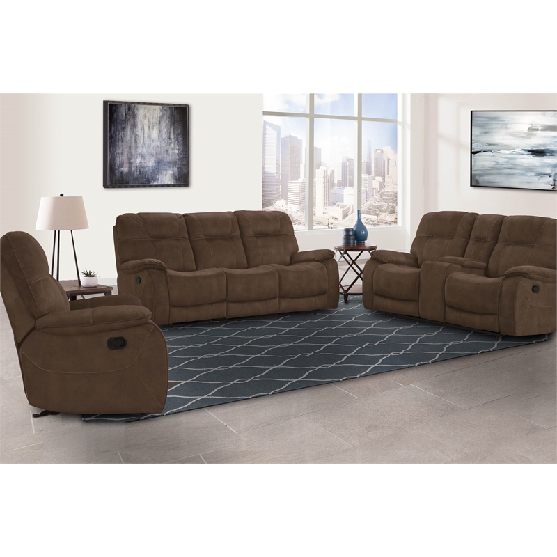 Pemberly Row Polyester Manual Triple Reclining Sofa in Shadow Brown