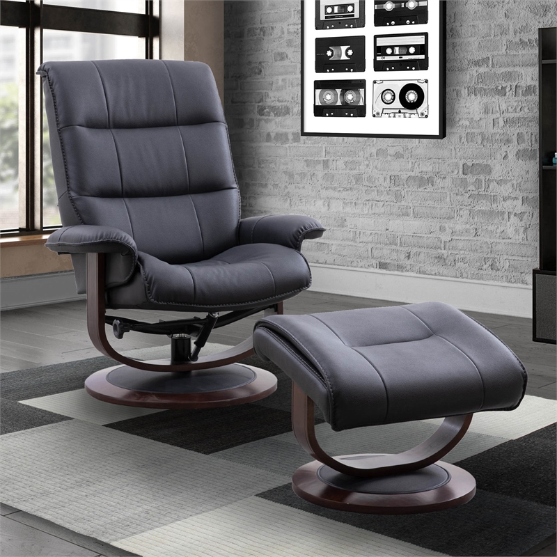 Pemberly Row Fabric Manual Reclining Swivel Chair and Ottoman in Black