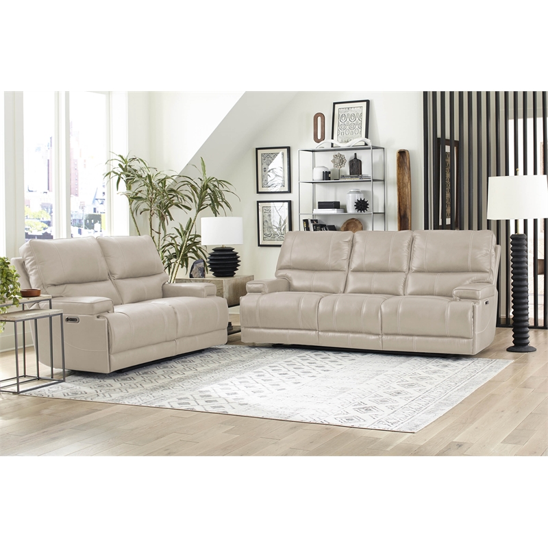 Pemberly Row Linen Fossil Beige Leather Power Reclining Cordless Sofa