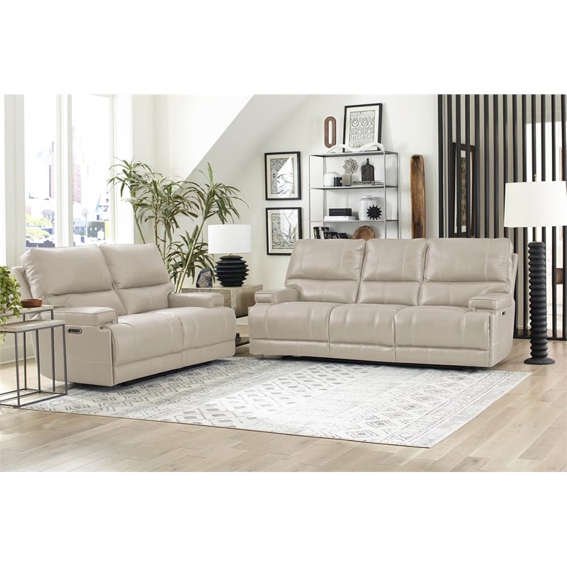 Pemberly Row Leather Power Cordless Recliner in Linen Fossil Beige