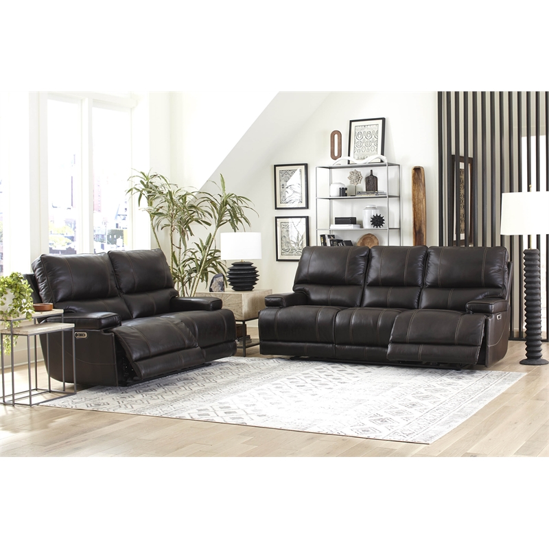 Pemberly Row Leather Power Cordless Loveseat in Coffee Brown