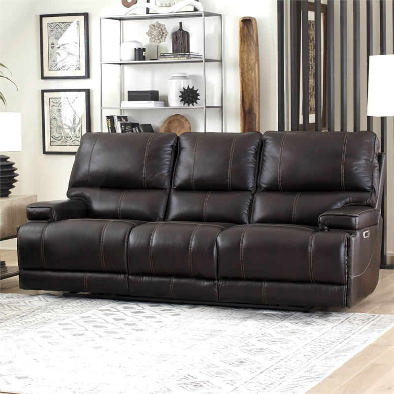 Pemberly Row Coffee Brown Leather Power Reclining Cordless Sofa