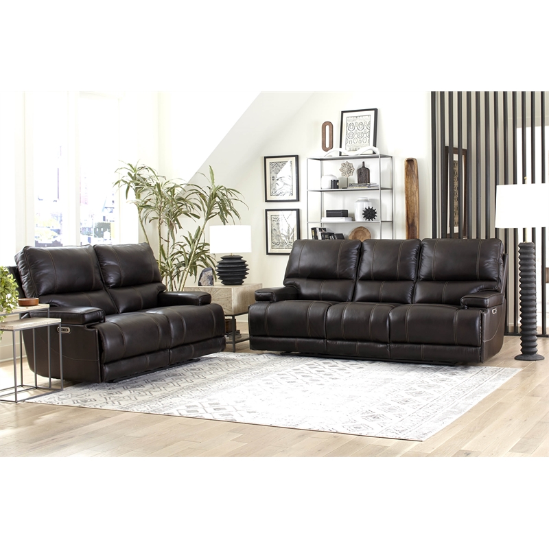 Pemberly Row Coffee Brown Leather Power Reclining Cordless Sofa