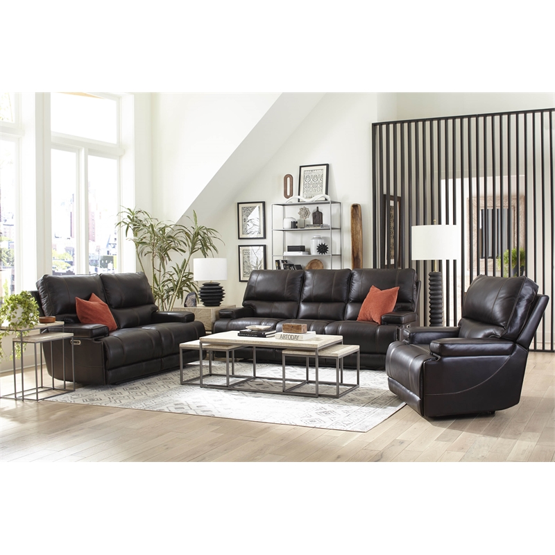 Pemberly Row Coffee Brown Leather Power Reclining Cordless Sofa
