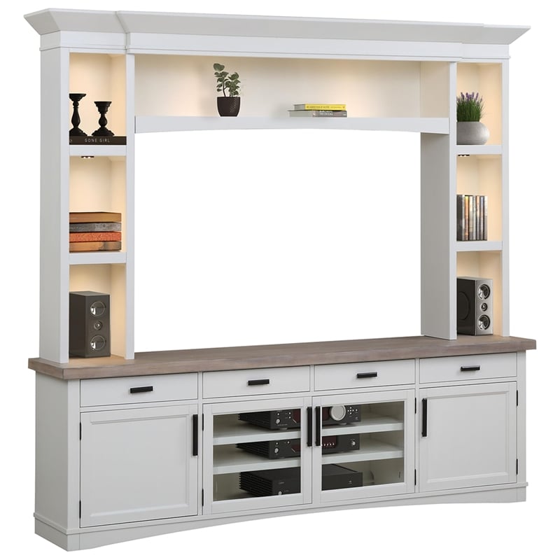 Pemberly Row Wood TV Console with Hutch and LED Lights in White