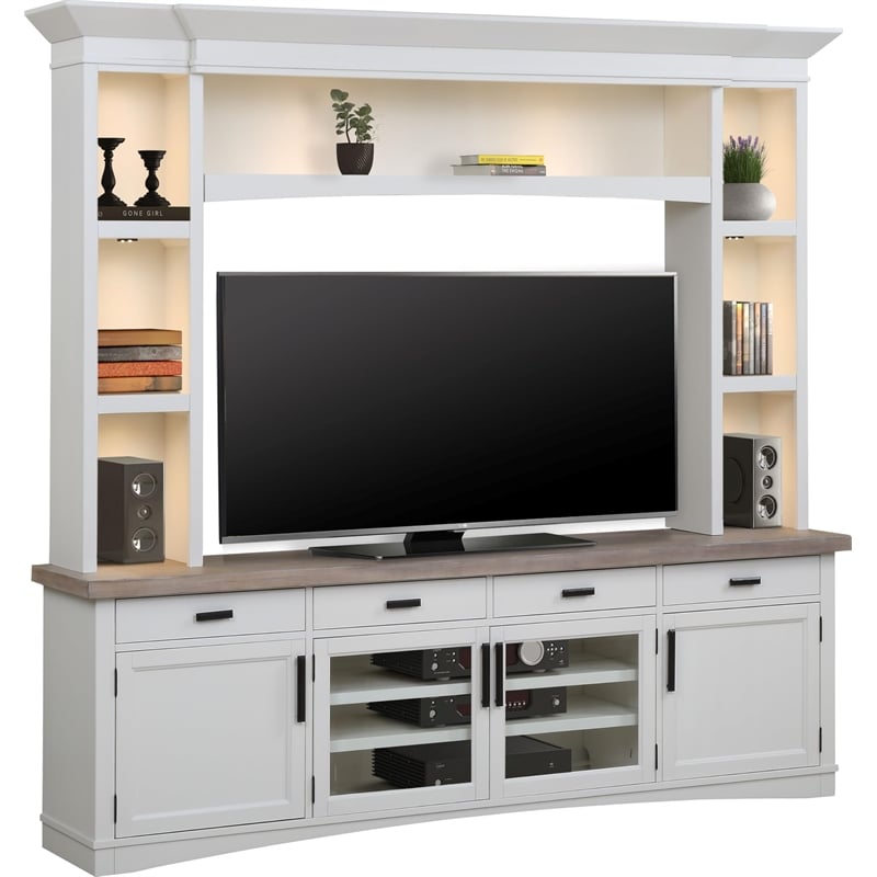 Pemberly Row Wood TV Console with Hutch and LED Lights in White