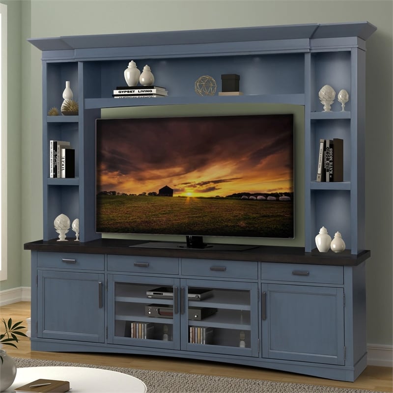 Pemberly Row Wood TV Console with Hutch and LED Lights in Denim