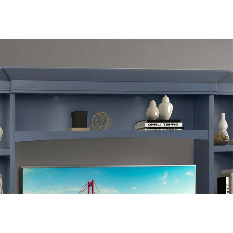 Pemberly Row Wood TV Console with Hutch and LED Lights in Denim