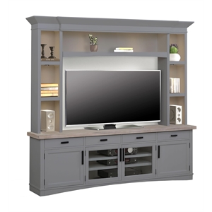 Pemberly Row Wood TV Console with Hutch and LED Lights in Gray