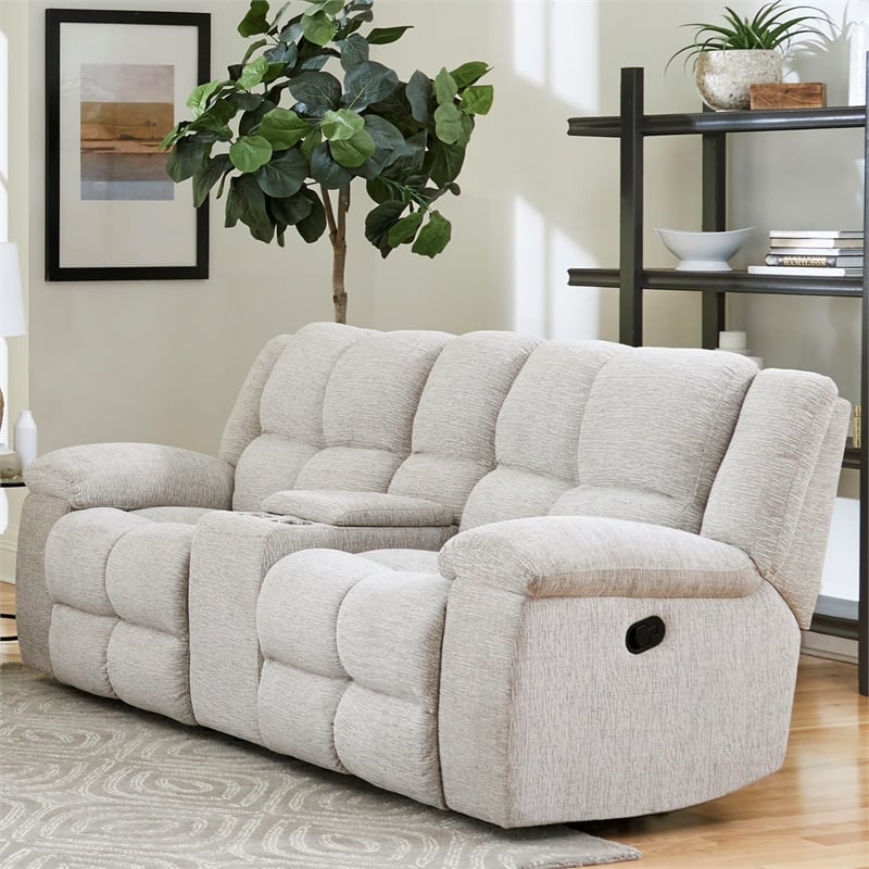 Pemberly Row Modern Velvet/Fabric Reclining Console Loveseat in Taupe