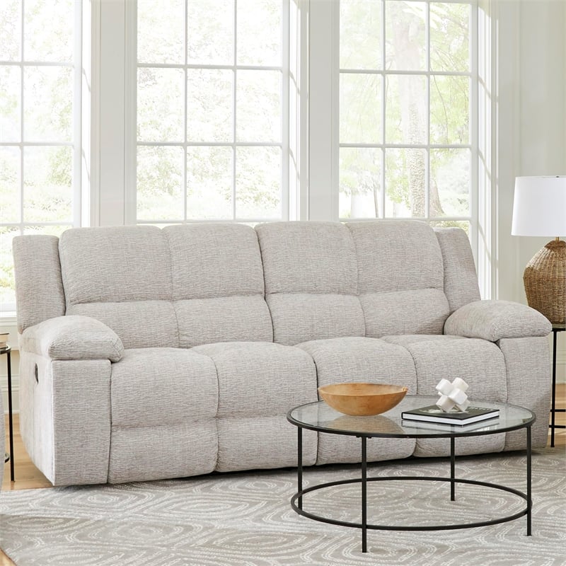 Pemberly Row Modern Velvet and Yarns Fabric Reclining Sofa in Opal Taupe