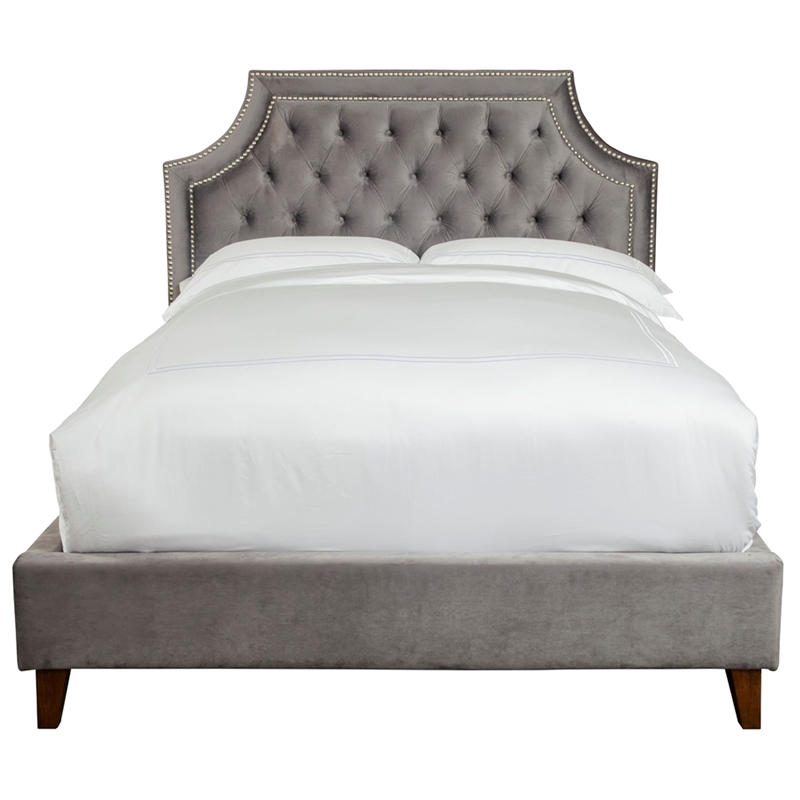 Pemberly Row Traditional Velvet Fabric Queen Bed in Flannel Gray