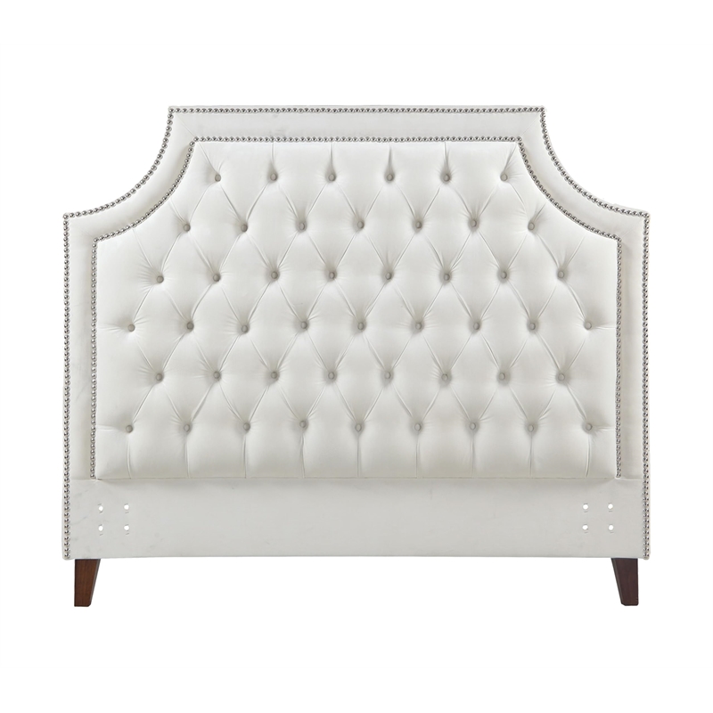 Pemberly Row Traditional Velvet Fabric King Bed in White/Black