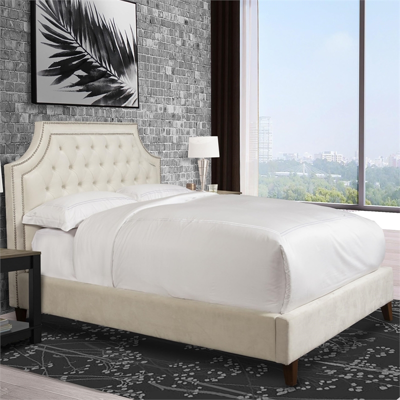 Pemberly Row Traditional Velvet Fabric King Bed in White/Black