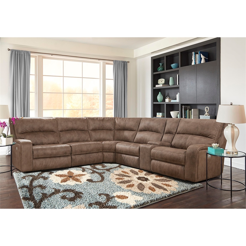 Pemberly Row Modern Fabric Power Reclining Sectional in Brown