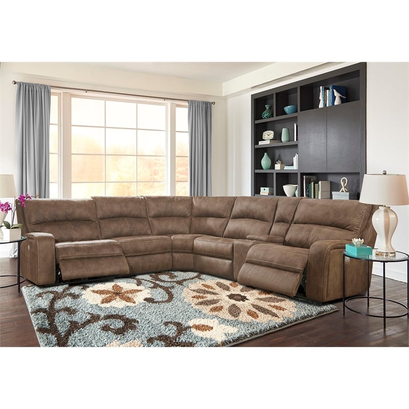 Pemberly Row Modern Fabric Power Reclining Sectional in Brown