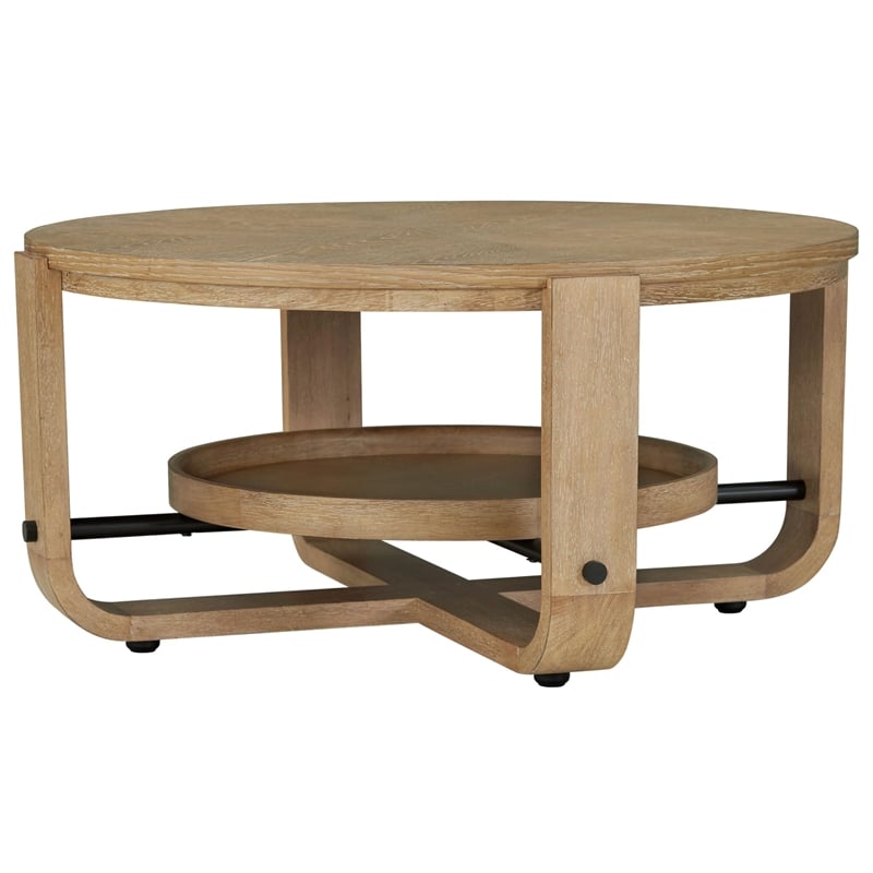 Pemberly Row Traditional Wood Round Cocktail Table with Shelf in Natural