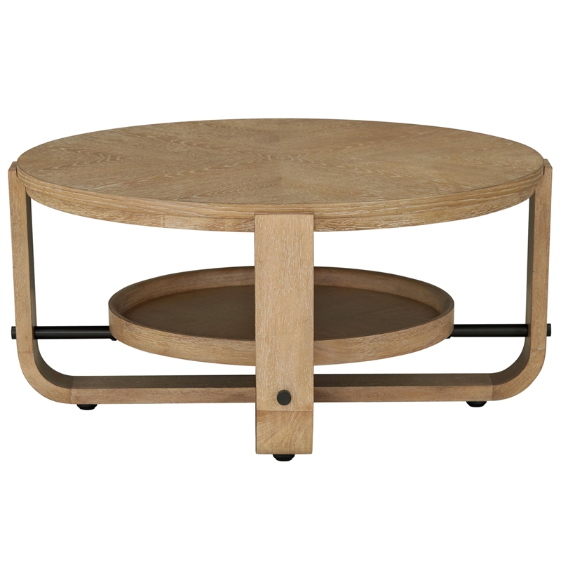 Pemberly Row Traditional Wood Round Cocktail Table with Shelf in Natural