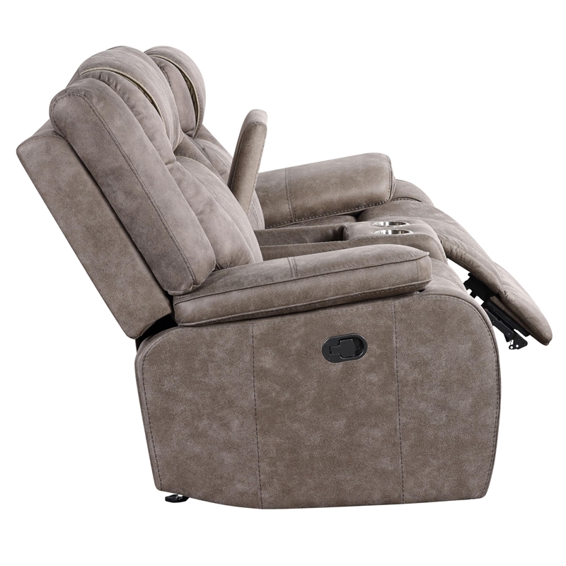Pemberly Row Traditional Microfiber Reclining Console Loveseat in Taupe