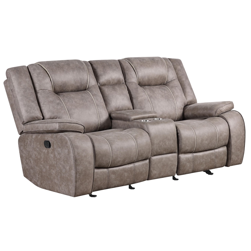 Pemberly Row Traditional Microfiber Reclining Console Loveseat in Taupe