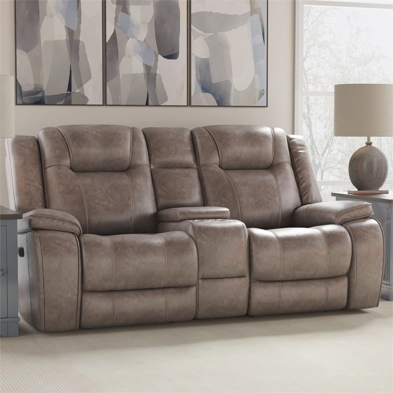Pemberly Row Traditional Microfiber Reclining Console Loveseat in Taupe