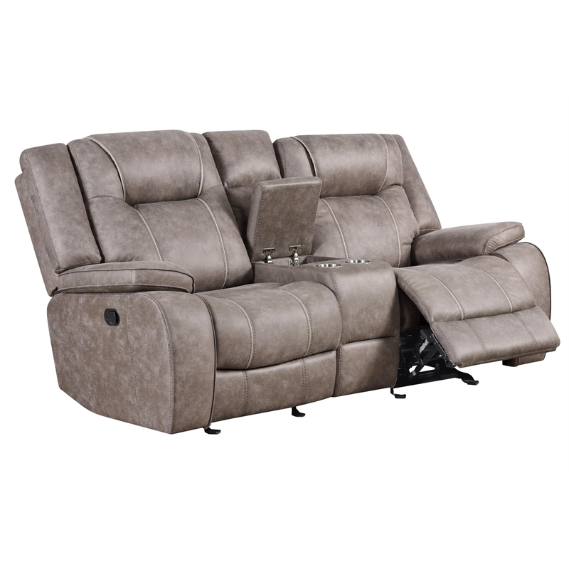 Pemberly Row Traditional Microfiber Reclining Console Loveseat in Taupe