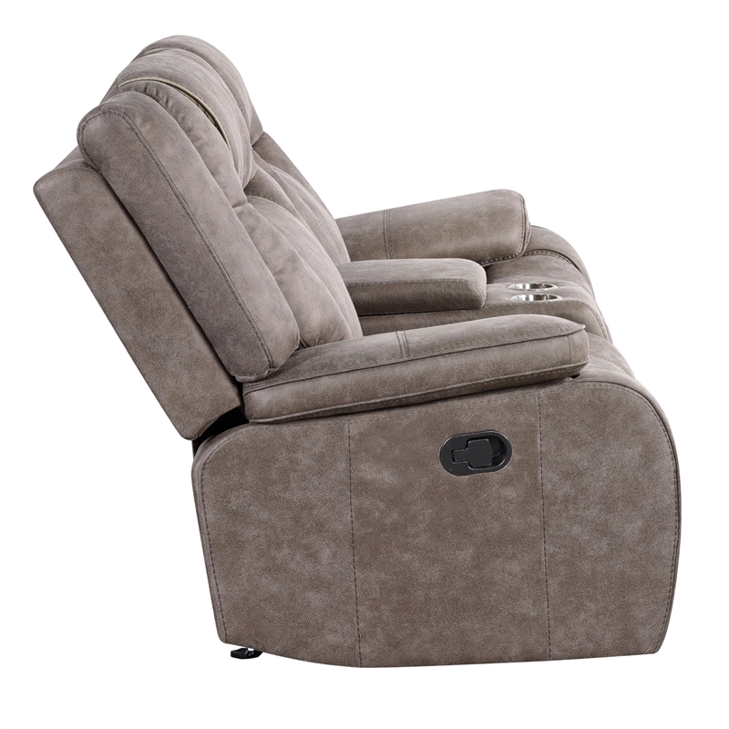 Pemberly Row Traditional Microfiber Reclining Console Loveseat in Taupe