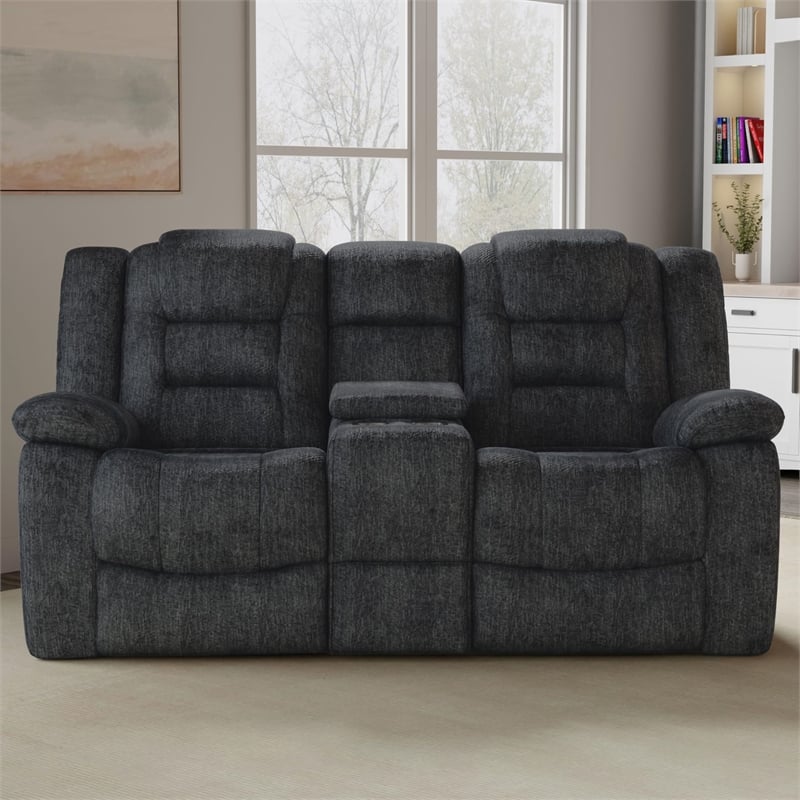Pemberly Row Polyester & Velvet Fabric Glider Console Loveseat in Gray