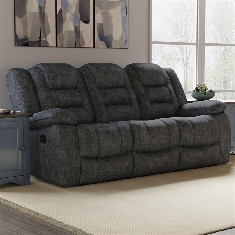 Pemberly Row Polyester Blend Velvet Fabric Dual Reclining Sofa in Gray