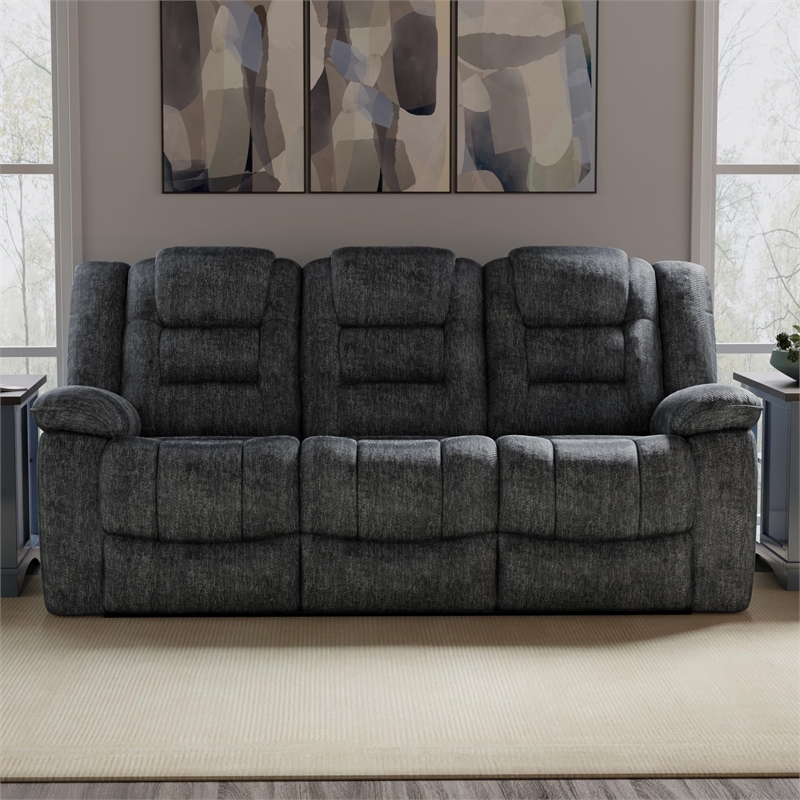 Pemberly Row Polyester Blend Velvet Fabric Dual Reclining Sofa in Gray