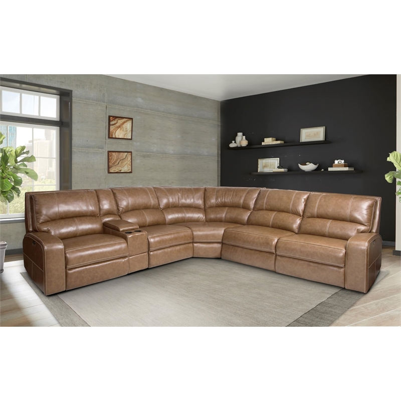 Pemberly Row Modern 6 Piece Leather Reclining Sectional in Brown