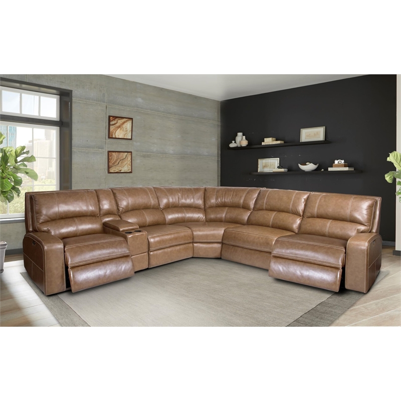 Pemberly Row Modern 6 Piece Leather Reclining Sectional in Brown