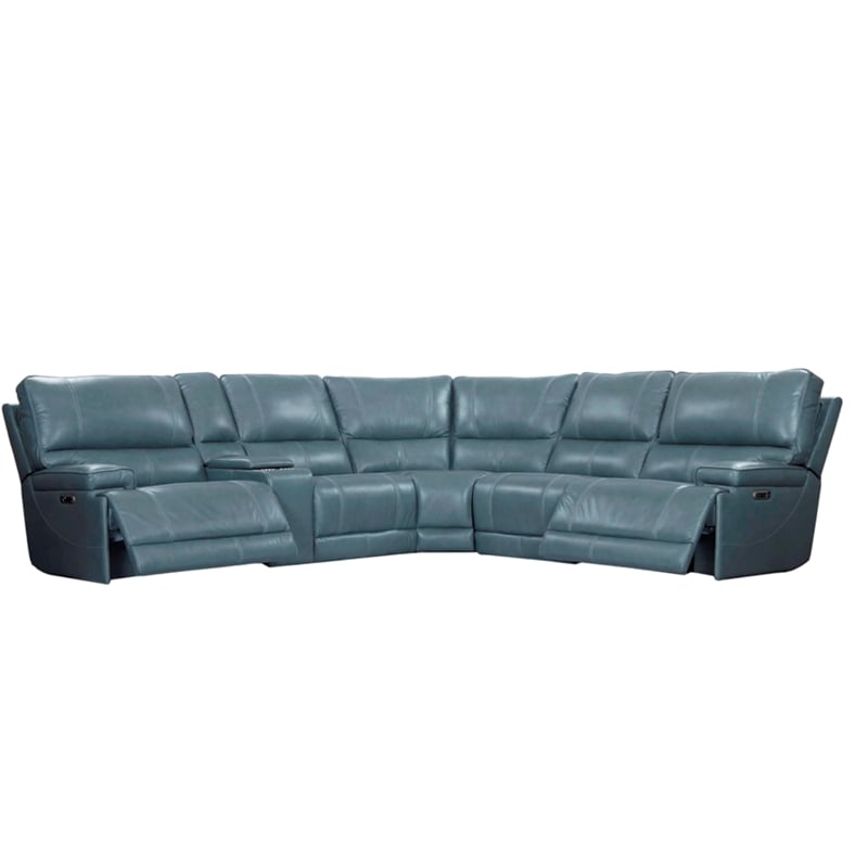 Pemberly Row Modern 6 Piece Leather Reclining Sectional in Azure