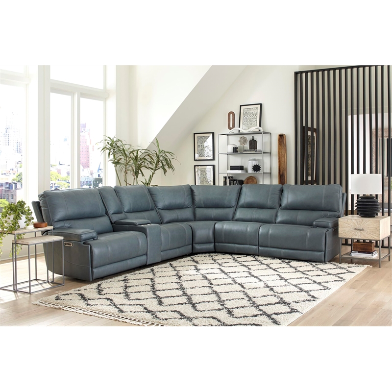 Pemberly Row Modern 6 Piece Leather Reclining Sectional in Azure