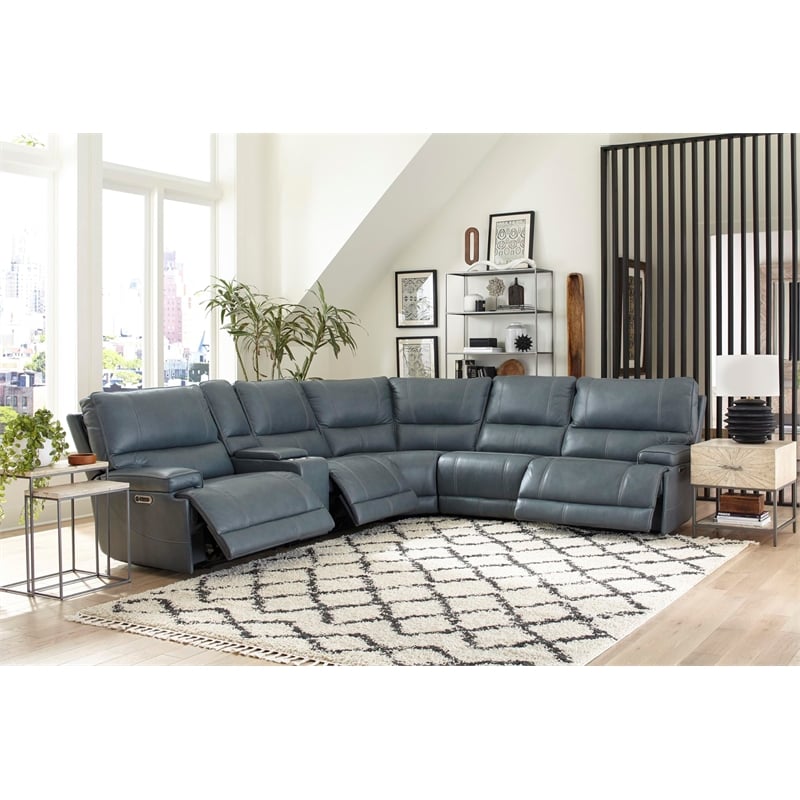 Pemberly Row Modern 6 Piece Leather Reclining Sectional in Azure