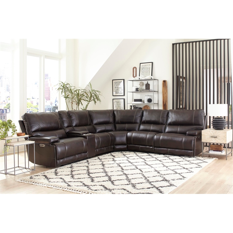 Pemberly Row Modern 6 Piece Leather Reclining Sectional in Coffee