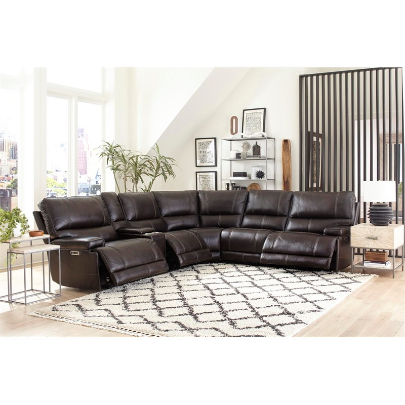 Pemberly Row Modern 6 Piece Leather Reclining Sectional in Coffee