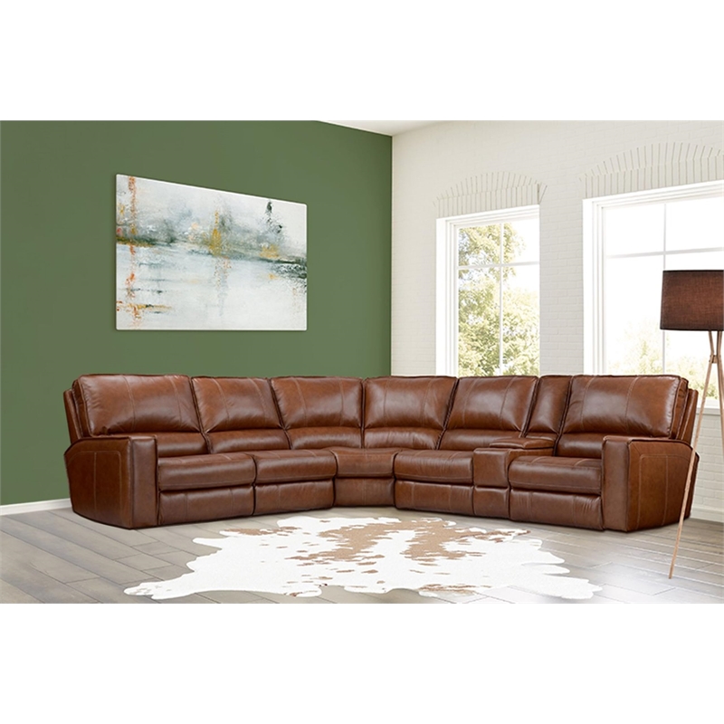Pemberly Row Traditional Leather Power Reclining Sectional in Brown