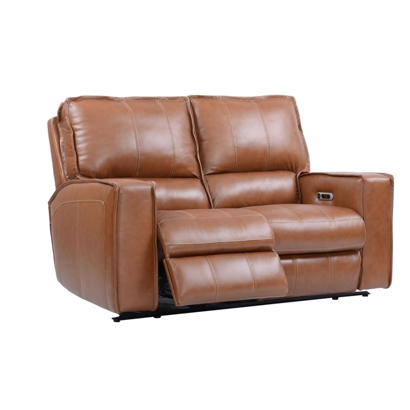 Pemberly Row Traditional Leather Power Reclining Loveseat in Brown