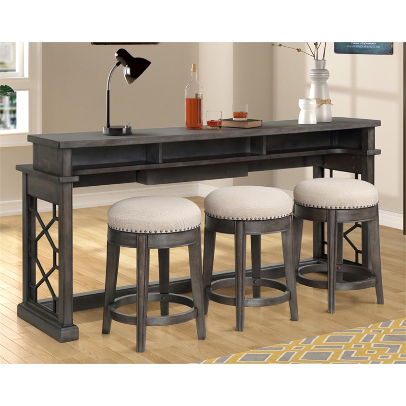 Pemberly Row Traditional Wood Everywhere Console with 3 Stools in Gray